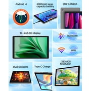Android Tablet, 10 inch Android 14 Tablet, Quad-core CPU, RAM 4GB(2G+2G), ROM 32GB (Up to 1TB), 800x1280 IPS, WiFi 6, 2MP+2MP, 6000mAh, Grey