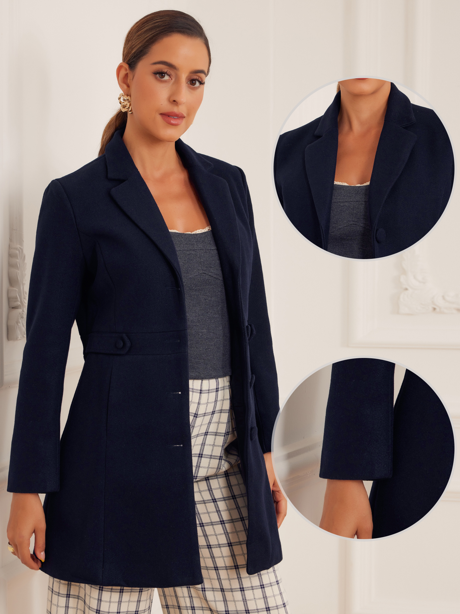 DARING DIVA Women's Single Breasted Button Down Outerwear Pea Coats Deep Blue XS