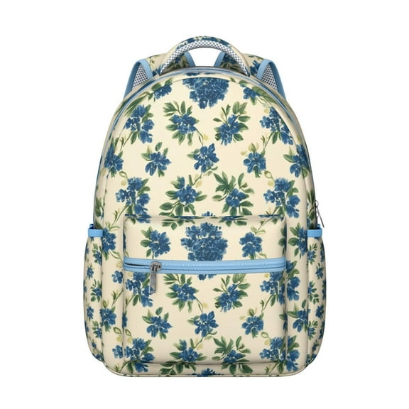 Blue Floral Pattern Backpack for School,Cute School Bag,Schoolbag with Adjustable Shoulder Straps & Padded Back,15.3"x11"x7.1".