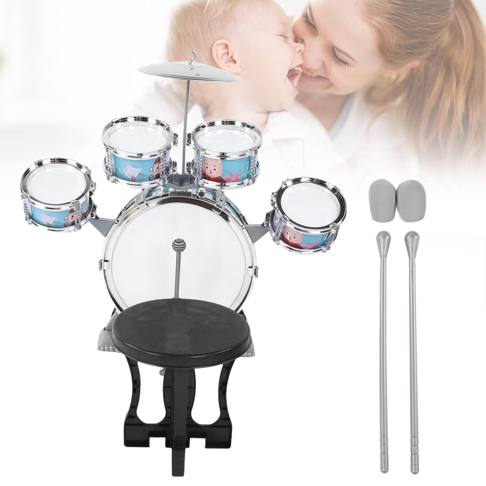 Kids Drum Set, Birthday Gift Cartoon Musical Drum Set, For Children From 1 To 6 Years Old Bleu