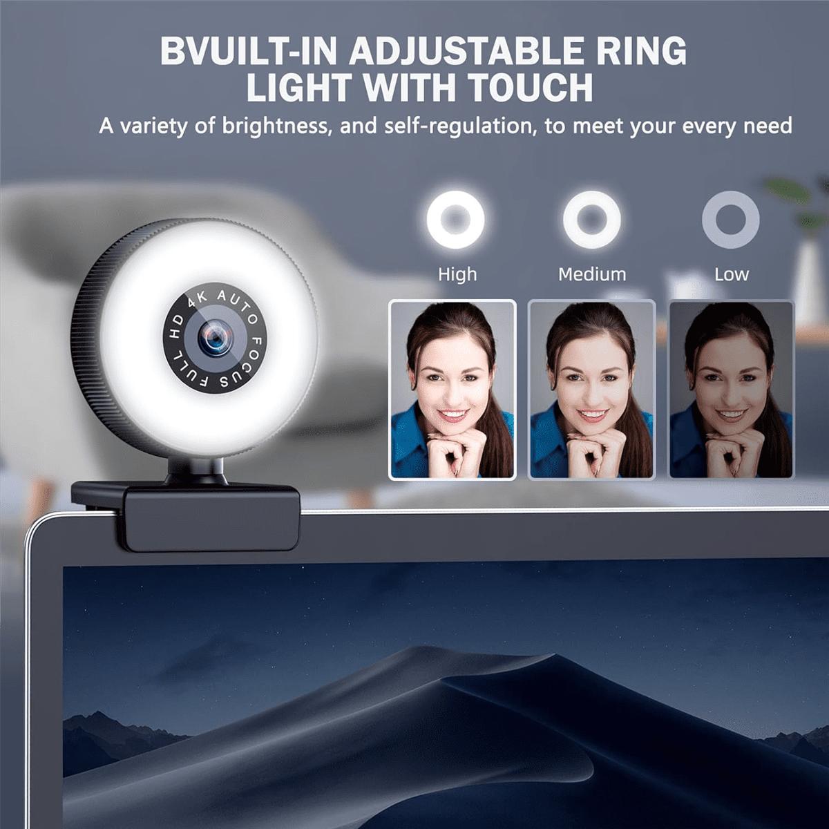 4K HD Autofocus Webcam with Microphone, Adjustable Light Computer Camera USB Webcam for Laptop Desktop Video Calling