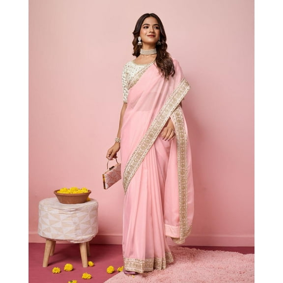 Traditional Sari Bollywood Indian Wedding Party Wear Organza Silk Saree Blouse and Soft Taby Silk Organza Saree