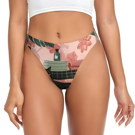 Rateoe Black Cat Pink Bathroom Pattern Seamless Women Underwear Thongs No Show Ladies Thong No Line Breathable Comfortable Panties Undies for Women-Medium