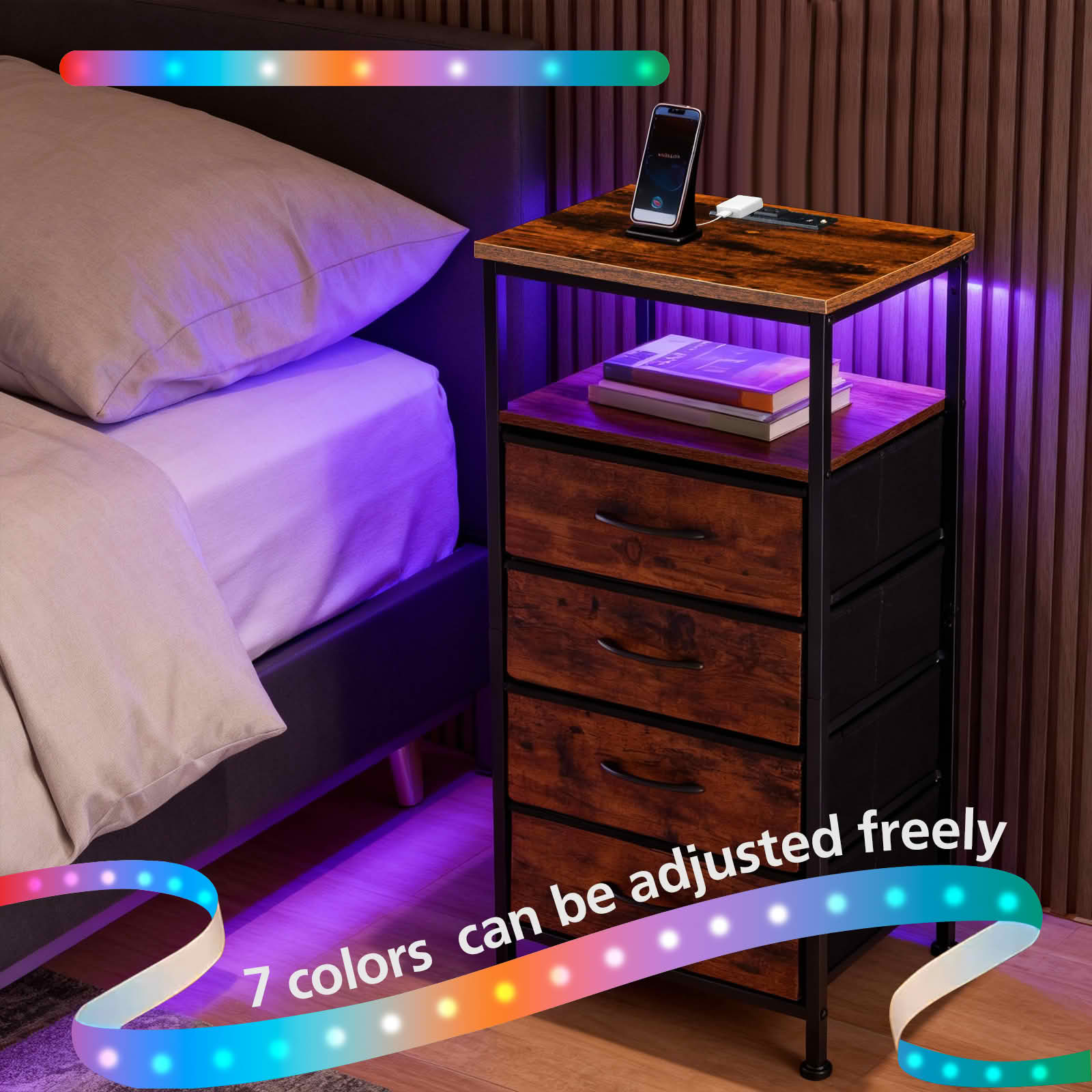 MAYEERTY Nightstand with Charging Station, 4 Fabric Drawers USB/Type-C Ports Outlets, Bedroom End Table，Rust