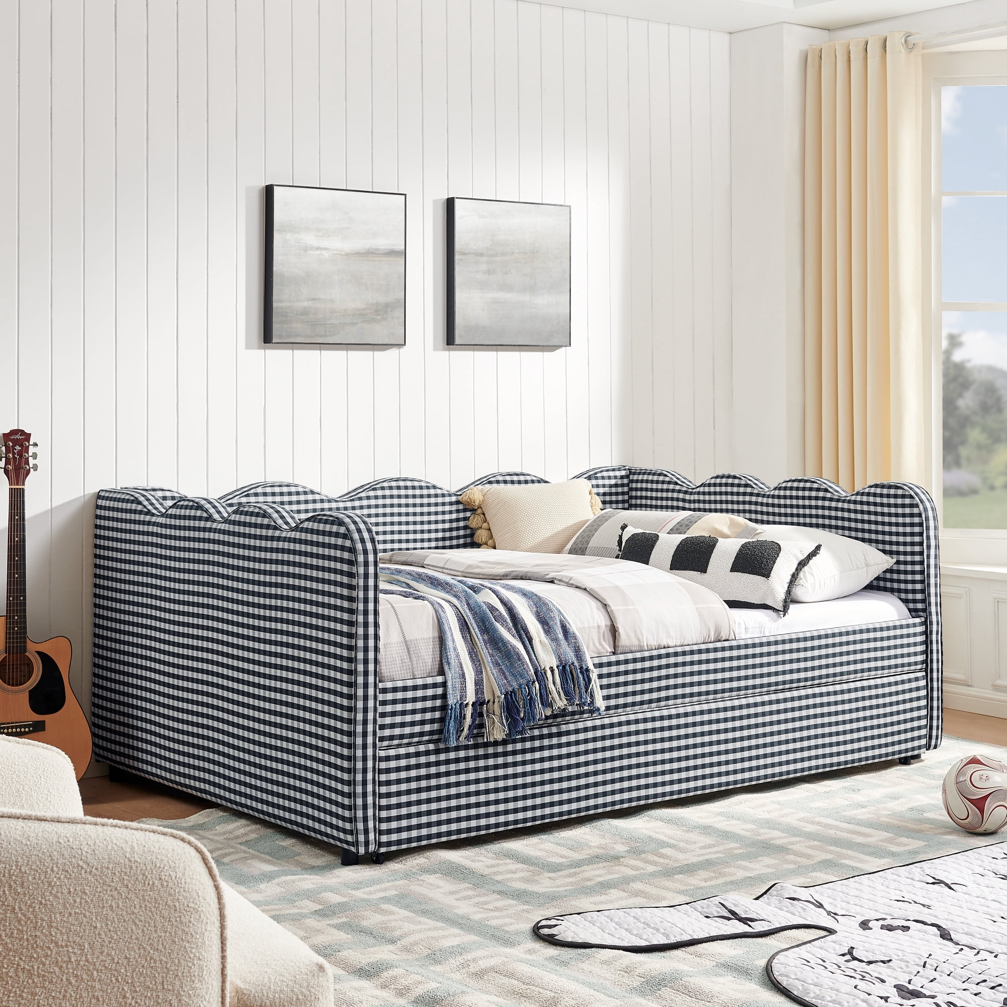 T-Serenity Gingham Daybed with Adjustable Trundle & USB Port, Wave-Shaped Full Size Sofa Bed, No Box Spring Needed, Navy