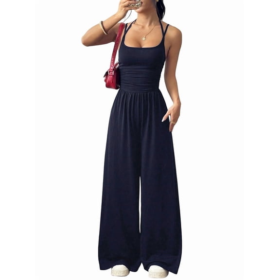 Women'S Summer Jumpsuit Spaghetti Strap One-Piece Outfit Wide Leg Baggy Pants Romper XS