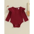 thumbnail image 3 of Musuos Baby Girls Spring Fall Basic Rompers 0-24 Months Long Sleeve Crew Neck Solid Color Ruffle Ribbed Bodysuit, 3 of 10