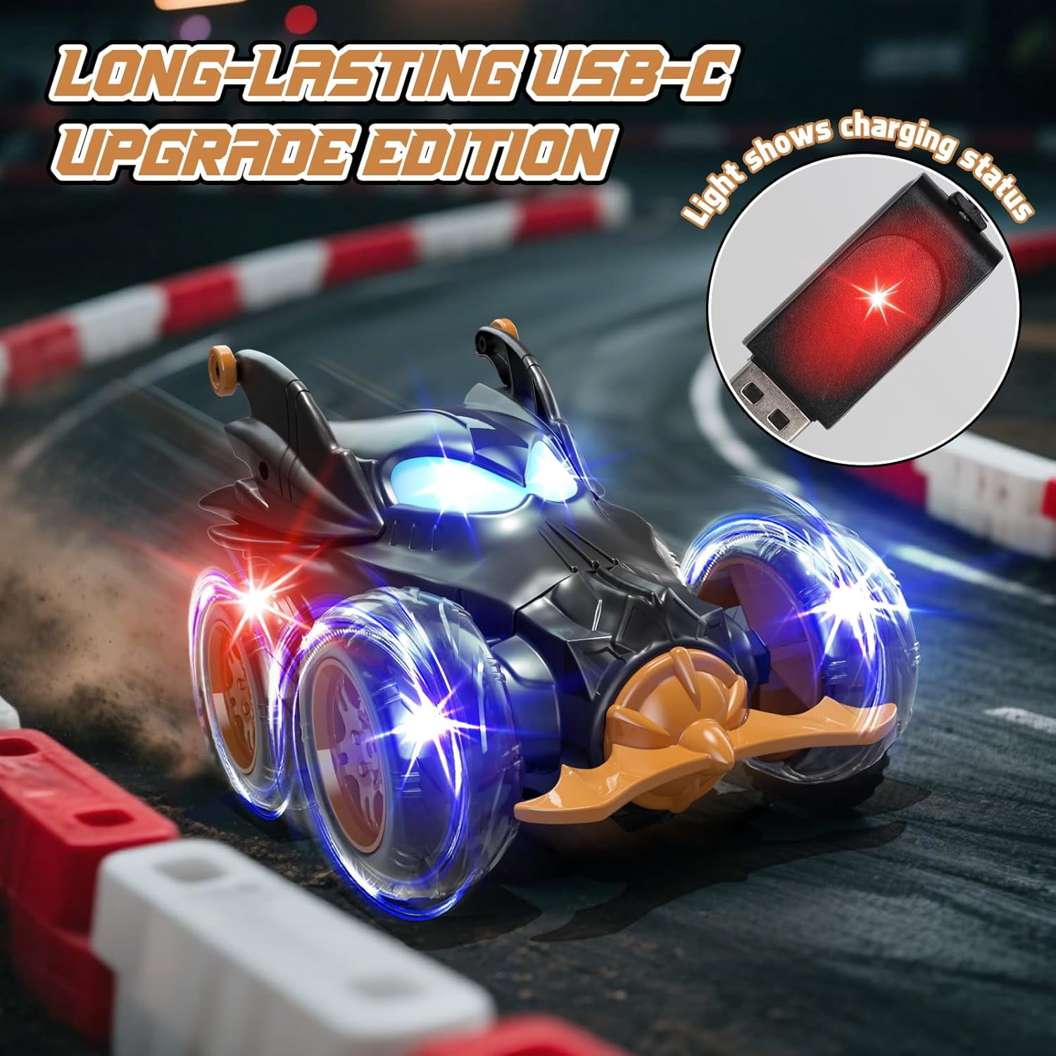 Bat Remote Control Cars for Boys 4-7, 2.4Ghz Rechargeable RC Stunt Car with Cool Lights Toys Gift for Boys Age 4 5 6 7 8 Year Old Outdoor Toys