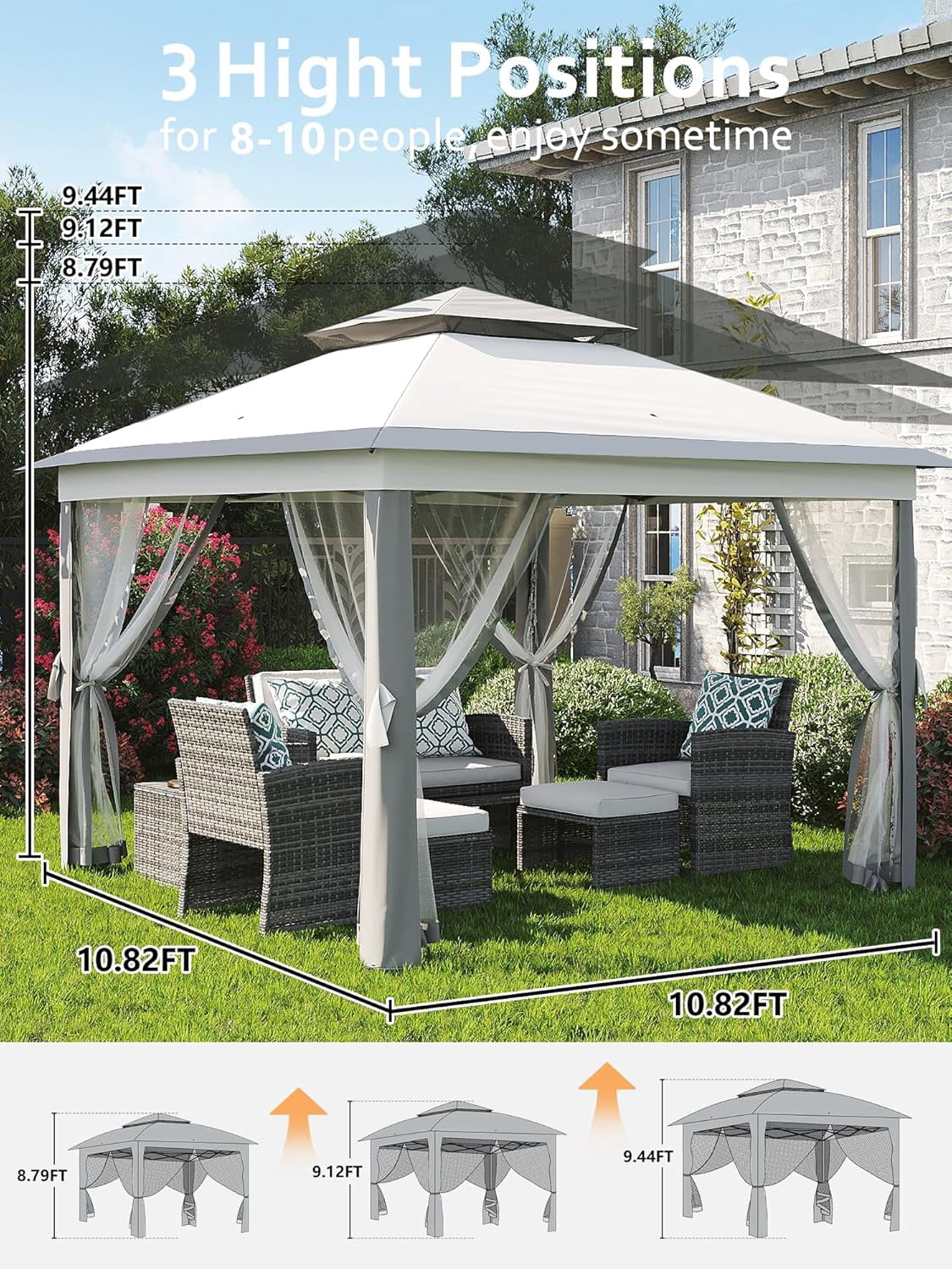 11'x11 Pop-Up Gazebo, Instant Outdoor Canopy Tent with Mosquito Nettings, Durable Steel Frame, Water, and UV Proof, for Patio, Garden, Courtyard, Party