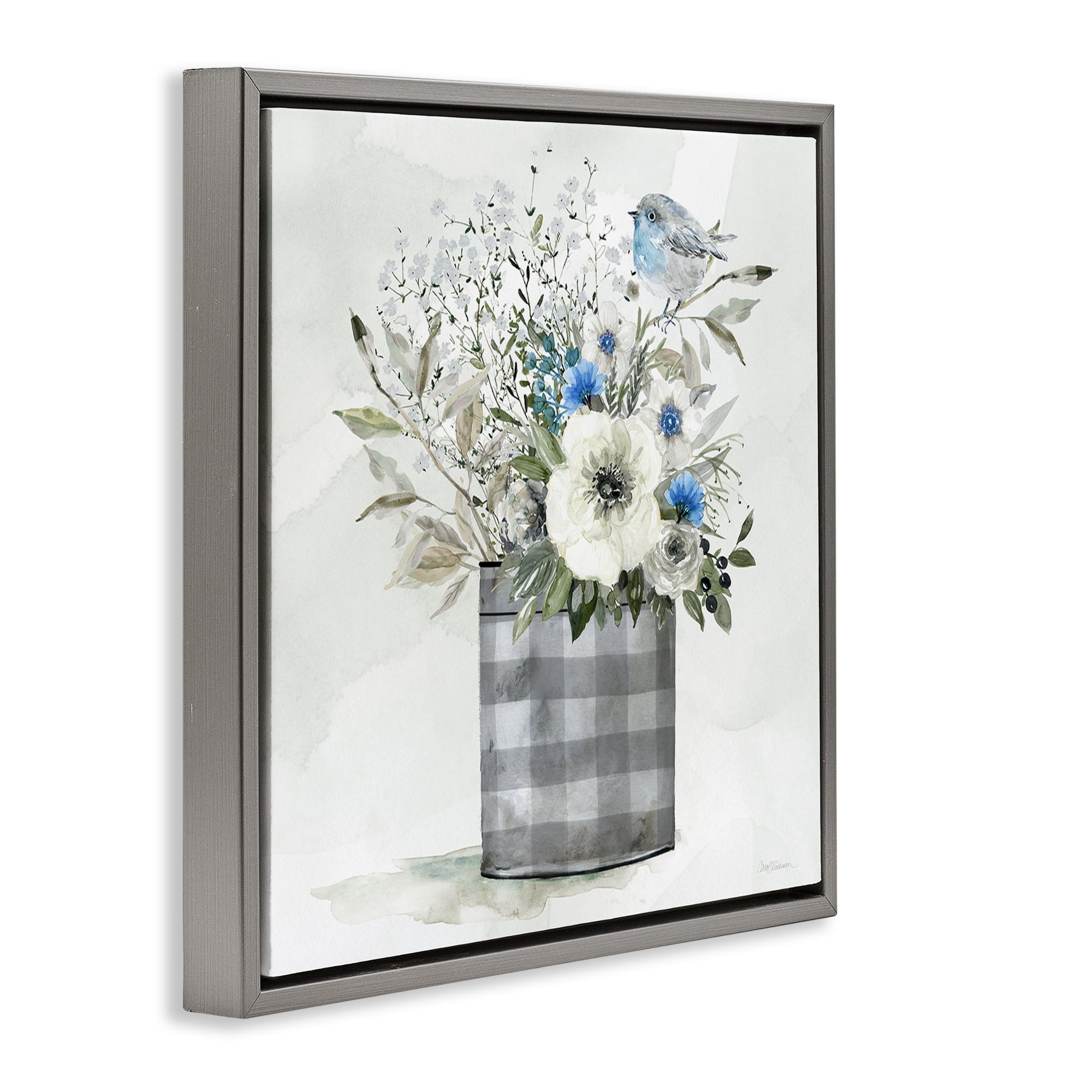 Stupell Industries Country Plaid Flower Vase Plants & Flowers Painting Gray Floater Framed Canvas Art Print Wall Art, 18 x 18