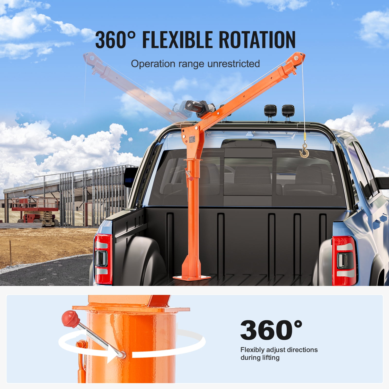 VEVOR Electric Pickup Truck Crane, 1100 lbs, Folding Truck-Mounted Bed Crane with Electric Winch 3500 lbs, Steel Pickup Truck Jib Crane Hoist 360° Swivel for Lifting Goods in Construction, Factory