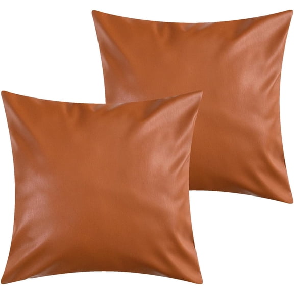 Set of 2 Faux Leather Throw Pillow Covers Set of Outdoor Modern Farmhouse Solid Decorative Pillow Covers for Room Couch Living(Amber Brown )