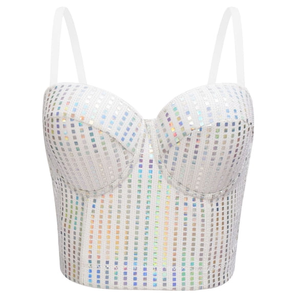 Nfurl Corset Top for Women Going Out Date Night Party Wear Glitter Sequin Overbust Corsets Bustiers with Straps Crop Tops White,34