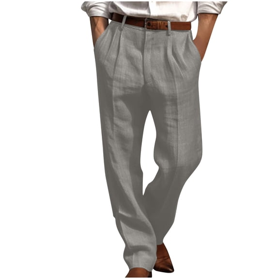 Dagegui Men's Cotton Linen Dress Pants Lightweight Pleated Straight Leg Pant Summer Work Trousers Casual Beach Slacks with Pockets Gray S