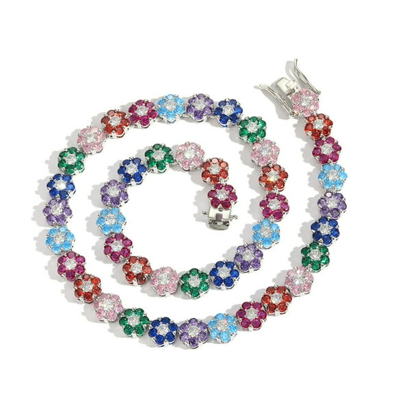 9MM Flower Shape Colorful Tennis Necklaces for Women 18K Gold Plated Round Cut Lab Gold Diamond Necklace Chain CZ Necklaces for Women Party Prom Jewelry Necklace