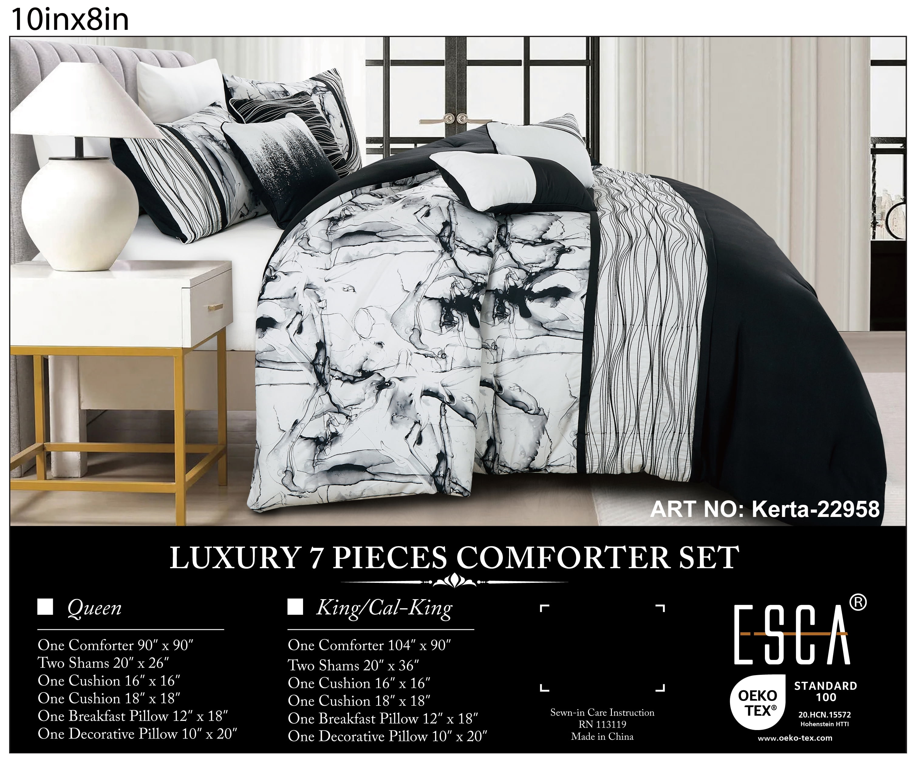 LUXURY 7 Pieces Comforter Set Queen Size, Modern Black White Marble Ink Art Printed Bedding Set