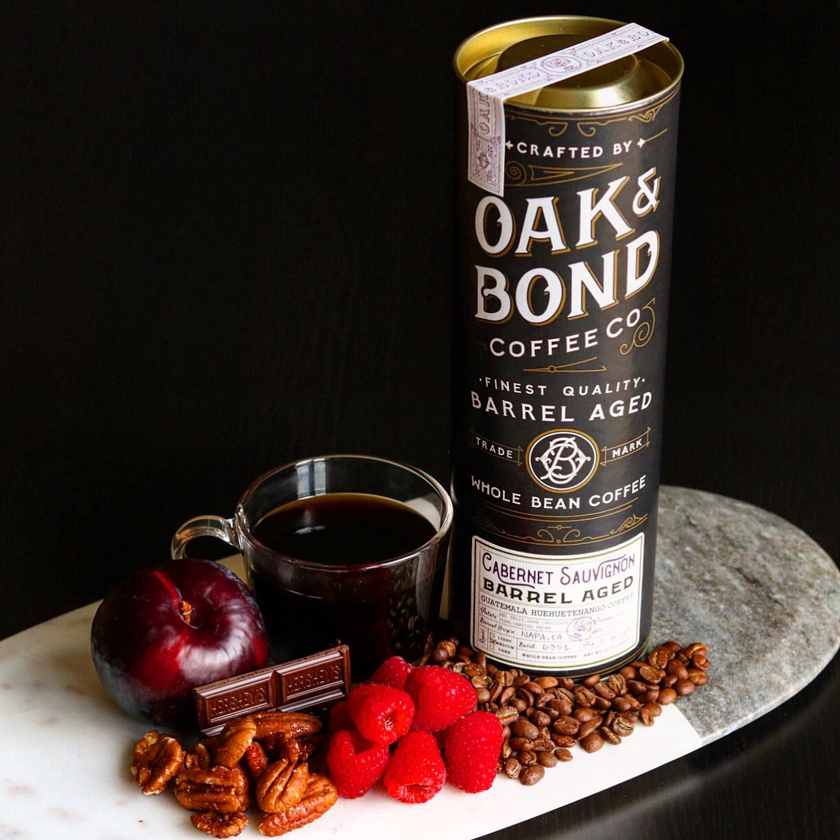 Cabernet Sauvignon Wine Barrel Aged Coffee - Whole Bean Coffee, Guatemala Huehuetenango Whole Bean Coffee Aged in Cabernet Sauvignon Wine Barrels by Oak & Bond Coffee Co. - 10 oz
