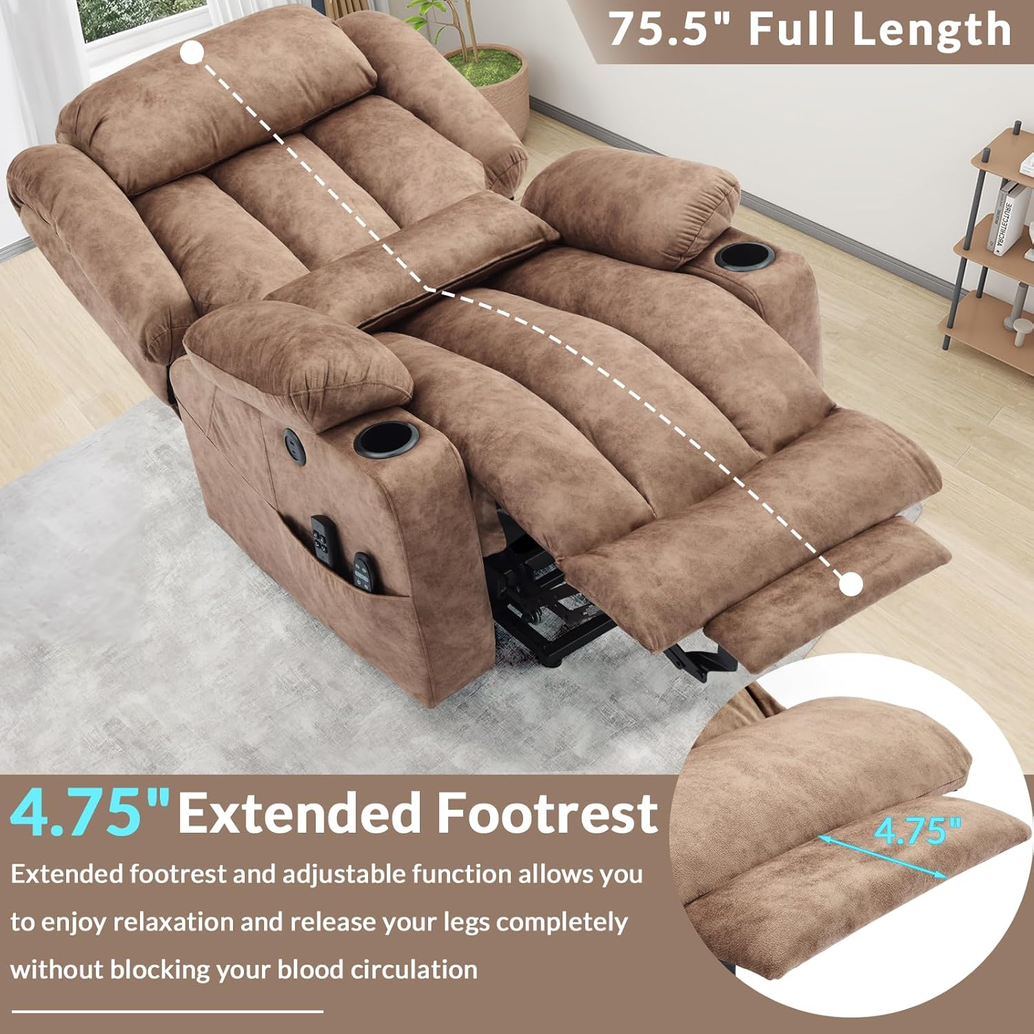 EPICOZY Oversized Dual Motor Power Lift Recliner Chair with Extended Footrest for Big Tall Man, Lay Flat Sleeper Electric Recliner with Massage and Heat, Lumbar Pillow, USB & Type-C Port, Plush Brown