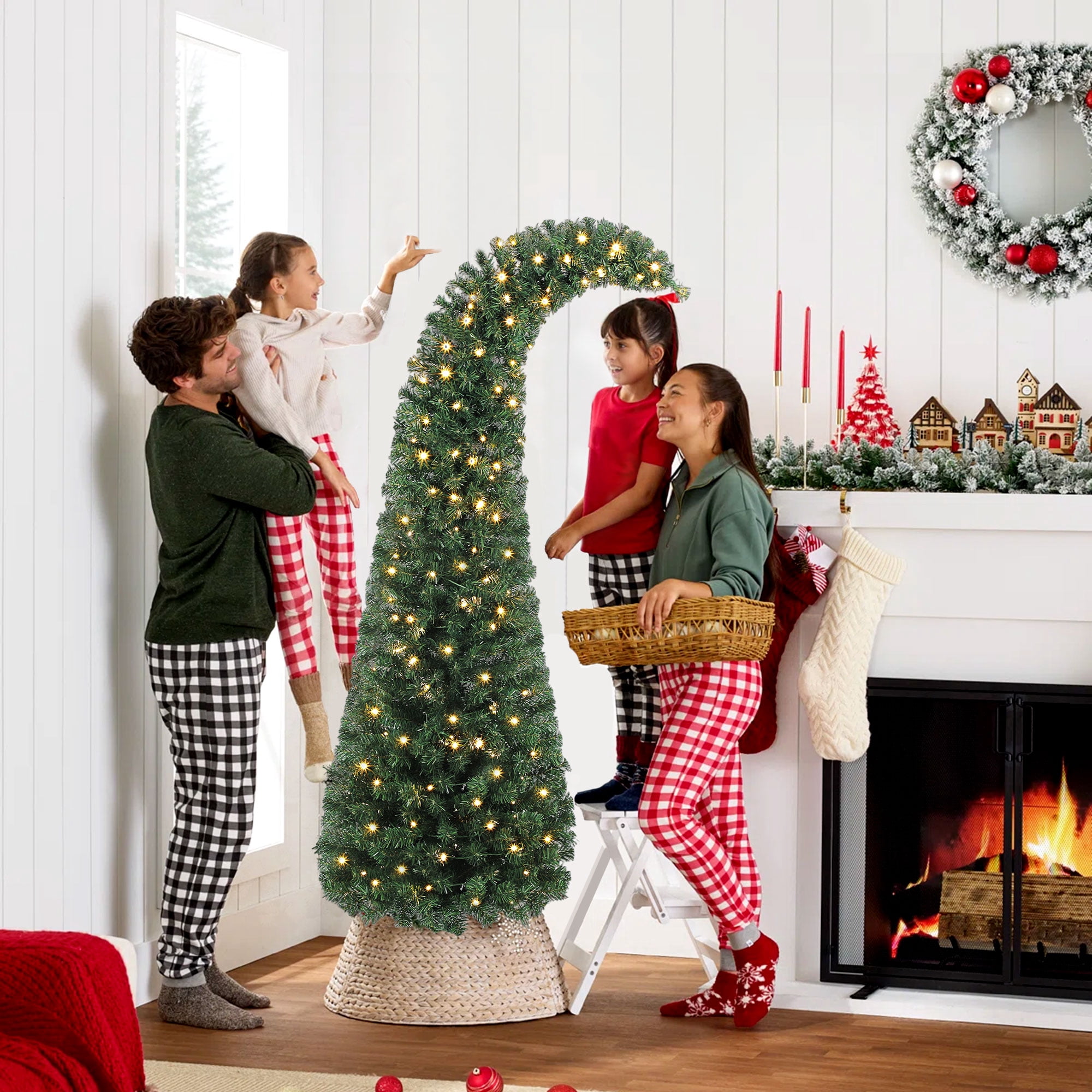 6ft Slim Prelit Christmas Tree with Bent Santa Hat Top 493 Tips 200 LED Lights 8 Modes Indoor Decor
