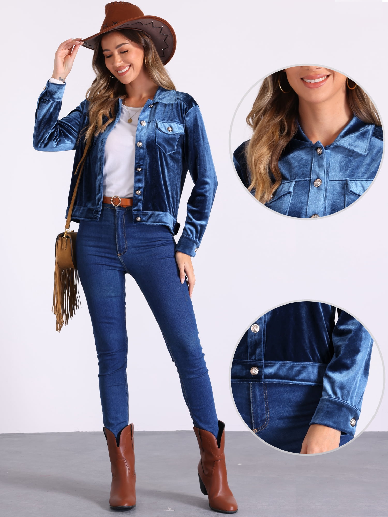 DARING DIVA Stylish Velvet Button-Up Long Sleeve Jacket S Navy Blue