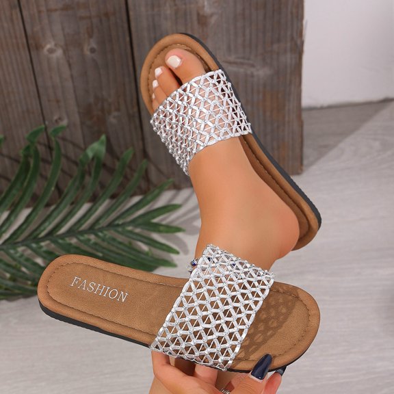 Ytobaz Slide Sandals for women Woven Mesh Flat Sandals Open Toe Slides Beach Vacation Travel Walking Daily Casual Dressy Comfortable Footwear