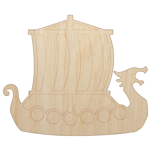 Viking Dragon Longship with Striped Sail Wood Shape Unfinished Piece Cutout Craft DIY Projects - 4.70 Inch Size - 1/8 Inch Thick