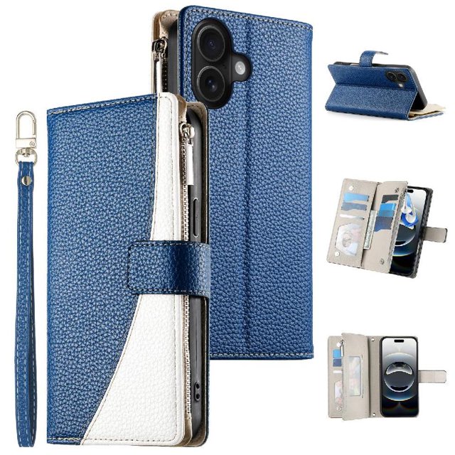 Funda cartera GANGXUN para iPhone 16 , cuero PU con tarjetero, cremallera, correa de mano, soporte y protección 934°