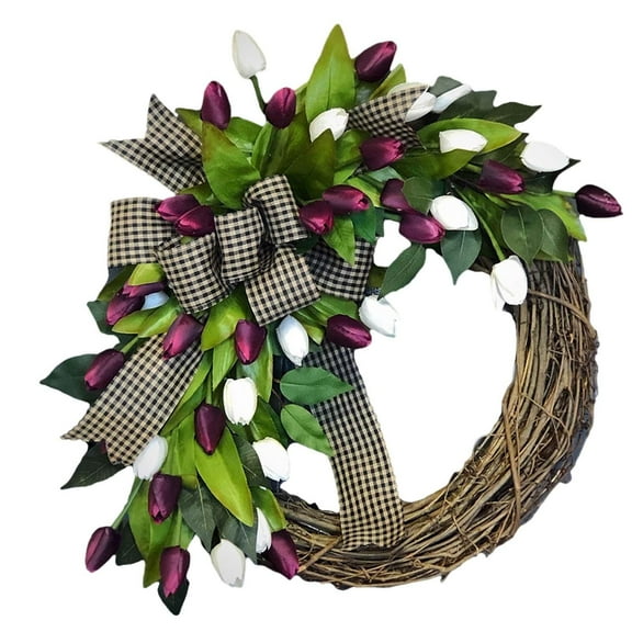 yotijay Artificial Two Color Wreath Silk Wreath Half Coverage Spring Summer Wreath Welcome Wreath for Front Door with Green Leaves & Ribbon Bow