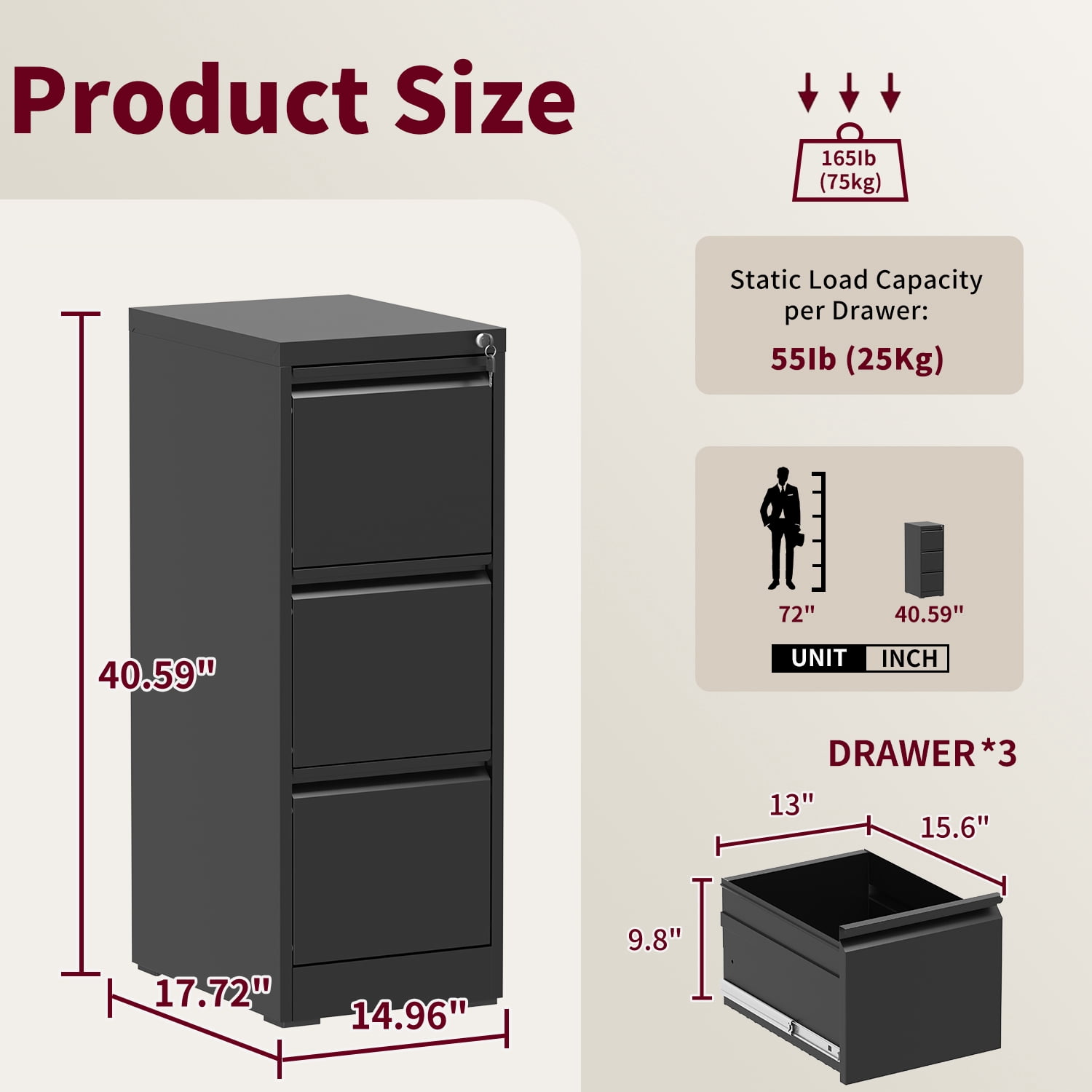 IKIMI 3-Drawer Metal Vertical Filing Cabinet with Lock for A4/Letter/Legal Size Files, Black