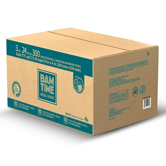 BAMTIME Bamboo Toilet Paper, 24 Rolls of Tree-Free Eco-Friendly toilet paper, 3-Ply 300 Sheet Per Roll,