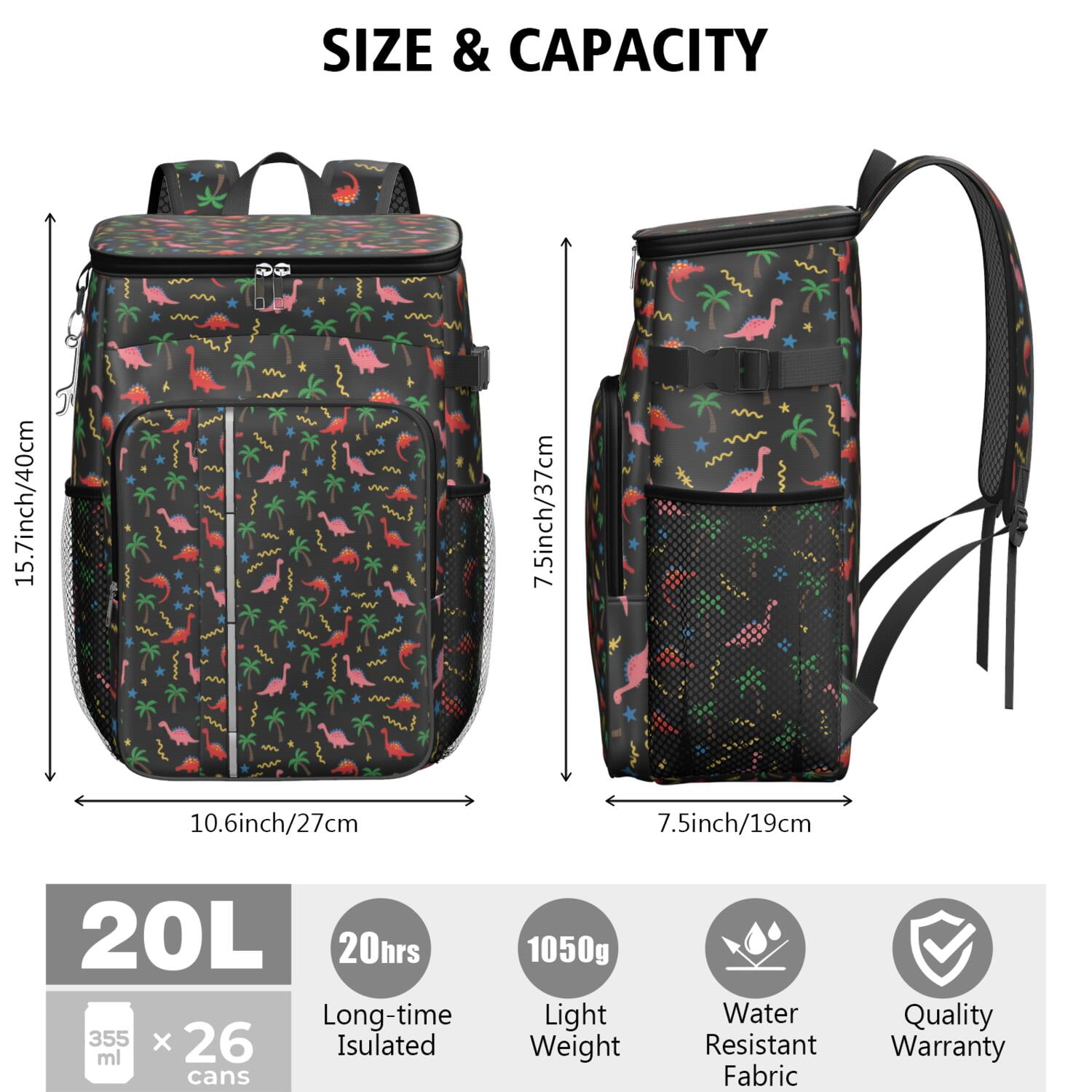 Travel Cooler Bag - Pink Dinosaurs Cosmic Stars Camping Beer Cooler Backpack with Bottle Opener- Waterproof Insulated Picnic Backpacks - Cooler Bag for Beach