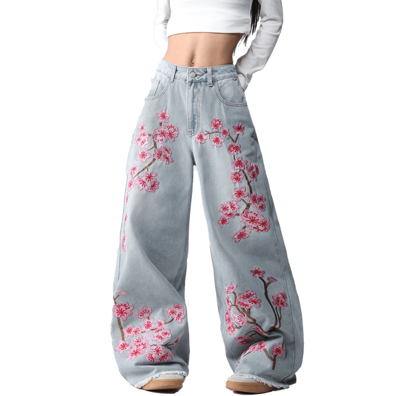 Mrmall Y2K Vintage Cherry Blossom Embroidered Wide‑Leg Jeans for Women High Waist Baggy Raw Hem Denim Trousers