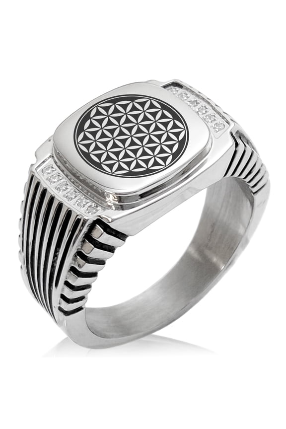 Stainless Steel Flower of Life CZ Ribbed Needle Stripe Pattern Biker Style Polished Ring