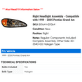 thumbnail image 2 of Right Headlight Assembly - Compatible with 1999 - 2005 Pontiac Grand Am 2000 2001 2002 2003 2004, 2 of 2