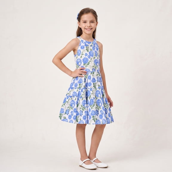 NIPAXO Girls Dress Floral Smocked Bodice Square Neck Ruffle Cuff Sleeveless Tiered A-Line Summer Fall Cotton Sundress for Kids