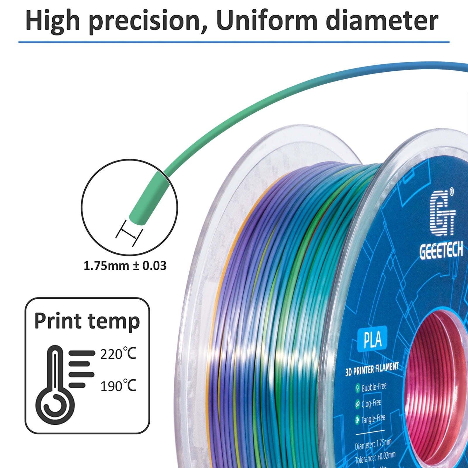 Geeetech gradient color 3D Printer PLA Filament 1KG Toughness Enhanced Filament with 1.75mm Dimensional Accuracy +/-0.03mm, 1080 Feet per Roll, Vacuum Packaging