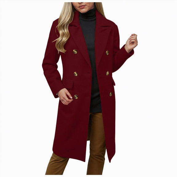 mgoYE Womens Long Wool Coats Fall Winter Double Breasted Trench Coat Peacoat(Wine,L)