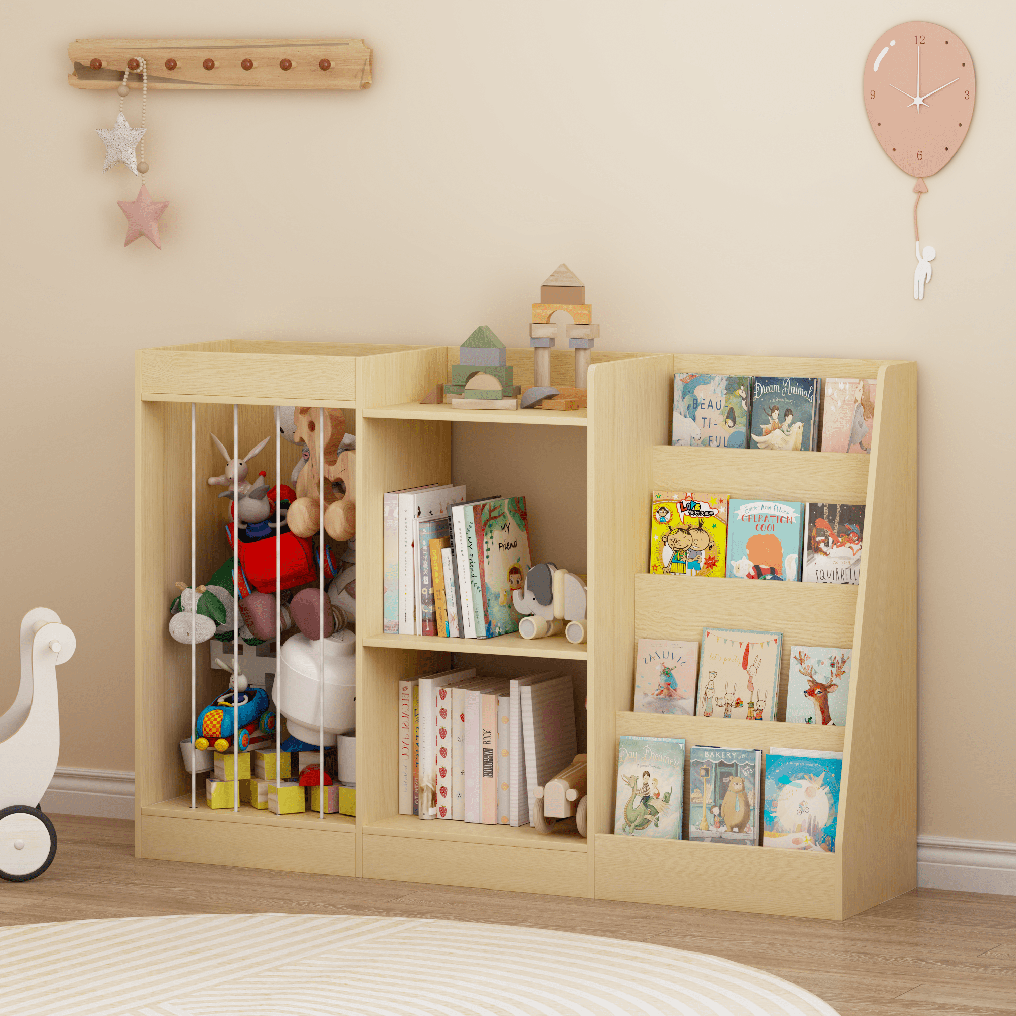 Natural Wood Kids Bookshelf 3-in-1 Toy Storage 4-Tier Book Display Anti-Tip Childrens Room Organizer