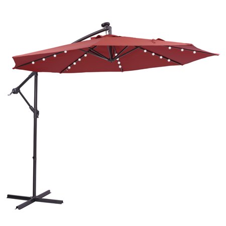 DEELLEEO 10 FT Solar LED Patio Outdoor Umbrella Hanging Cantilever Umbrella Offset Umbrella Easy Open Adustment with 32 LED Lights