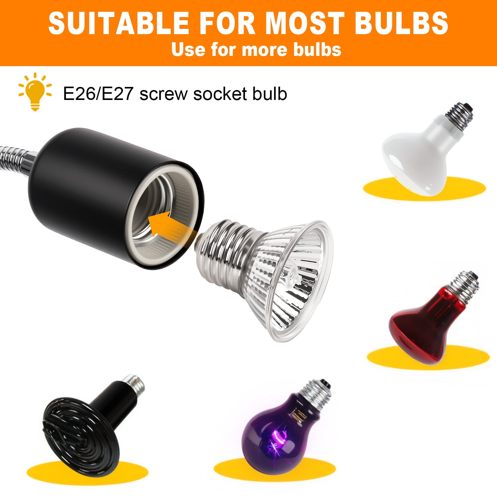 Reptile Heat Lamp with Clamp, UVA UVB Turtle Basking Light, Timer & Dimming, 360° Rotatable for Bearded Dragon/Lizard/Snake/Amphibians, 2 Bulbs 50W