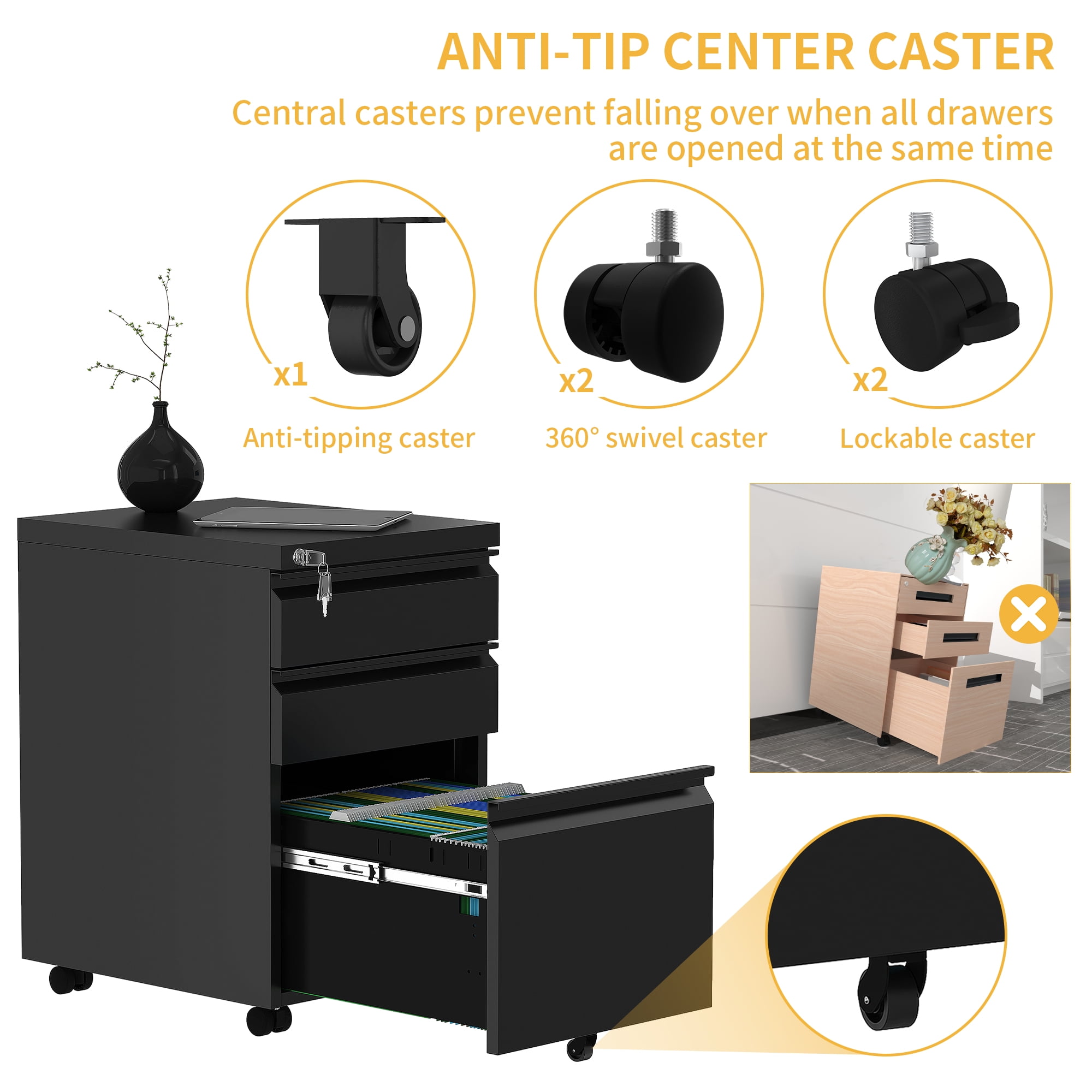 Uforic Fully Assembled 3-Drawer Lockable File Cabinet for Letter/Legal/A4 Size, Mobile Filing Cabinet with Wheels, Black