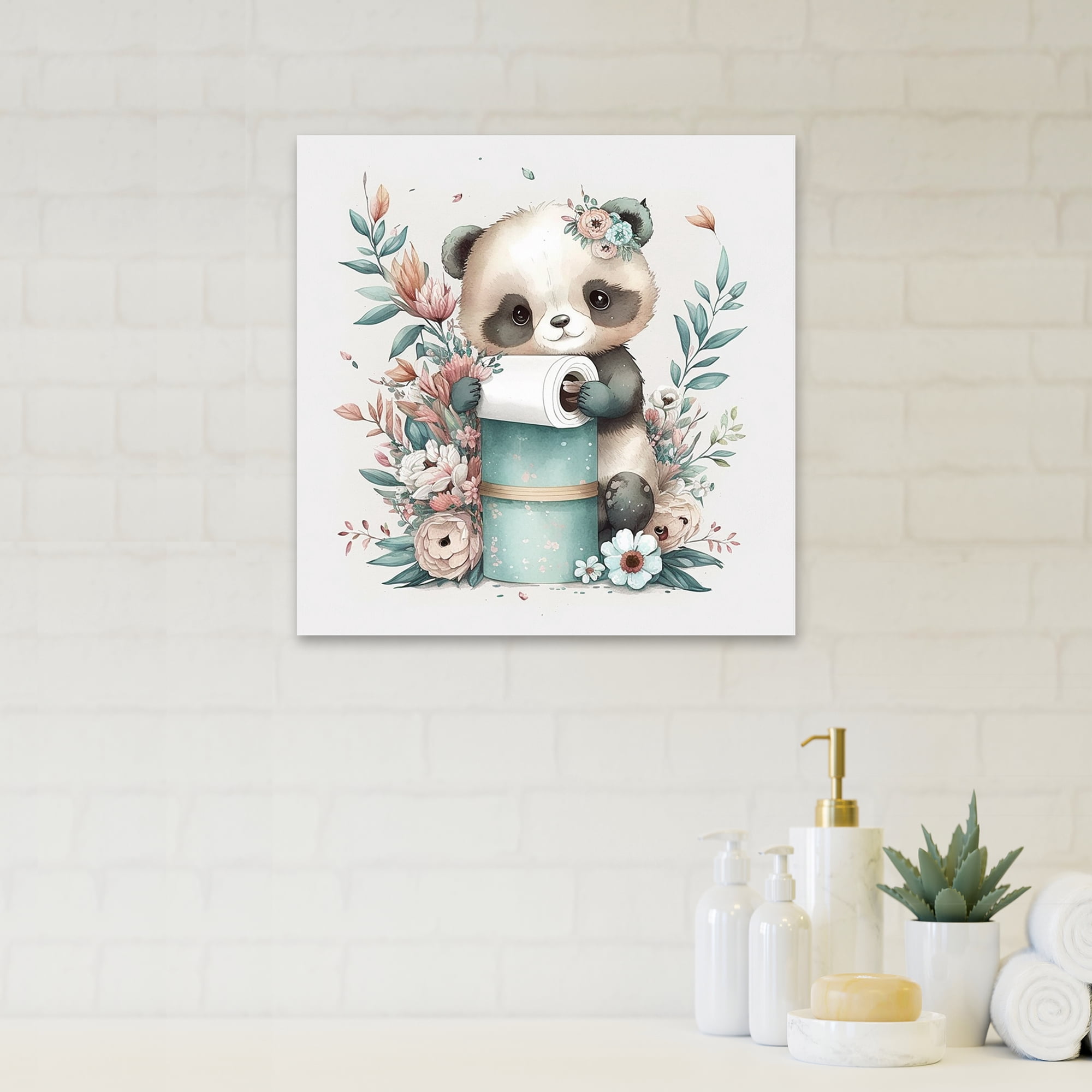 Designart Panda Building A Tower Of Toilet Paper Canvas Wall Art