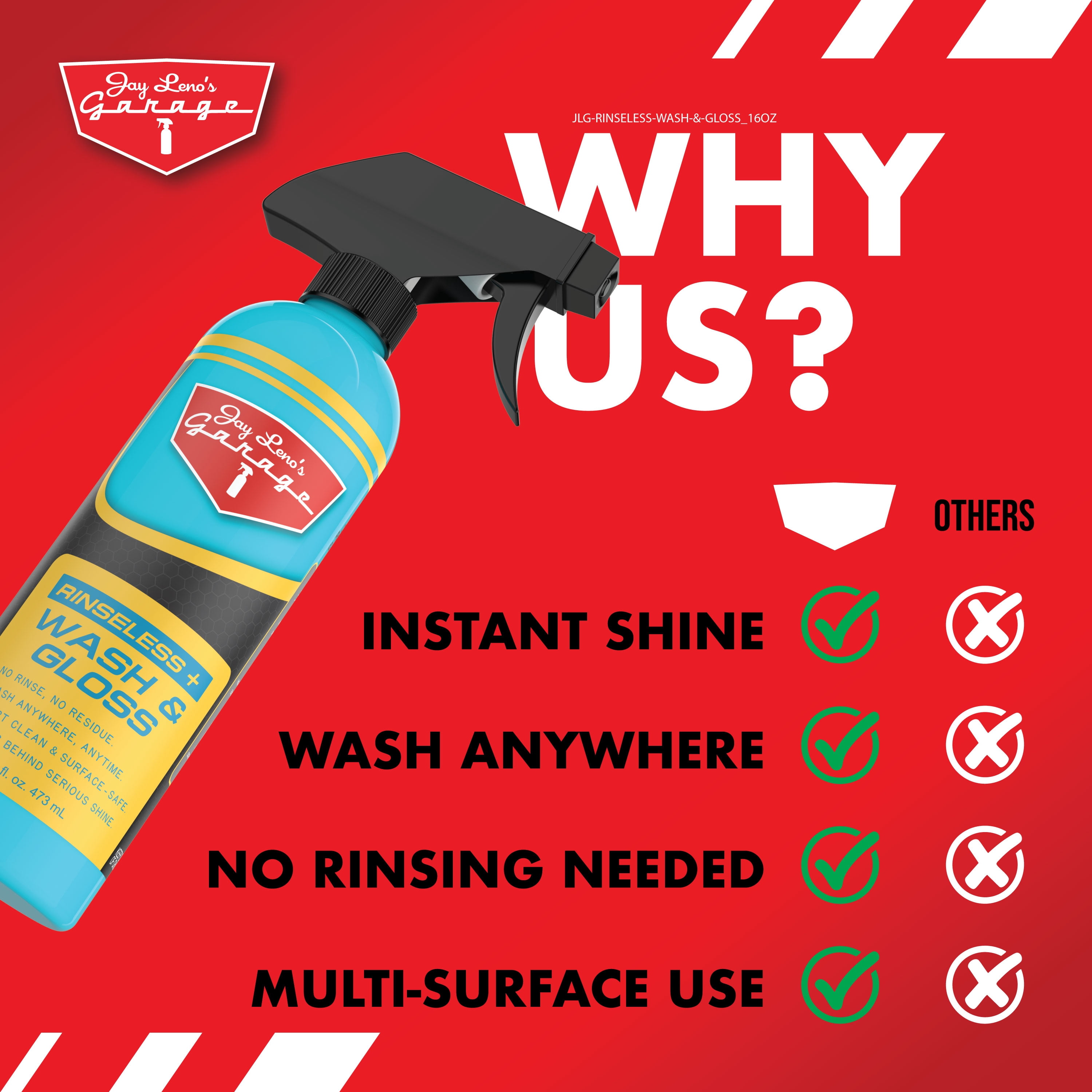 Jay Leno's Garage Rinseless+ Wash & Gloss (16 oz) – Waterless Car Wash Formula for Shine & Protection, No-Rinse, Eco-Friendly, Safe for All Finishes