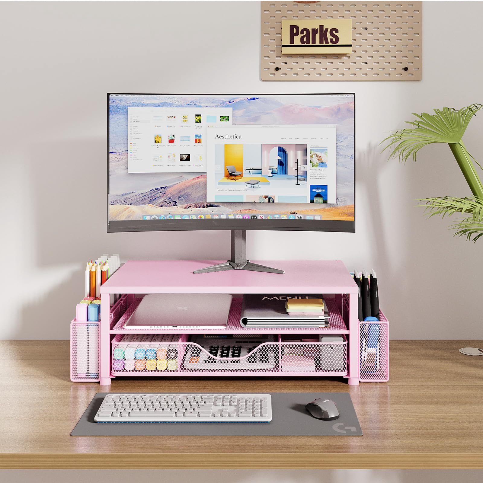 Desk Organizers And Accessories  2-tier Computer Monitor Stand Riser With Drawer 2 Pen Holders Laptop Office & Decor For Women Pink