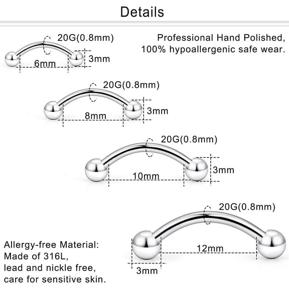 GHRTGR-20G 16G Eyebrow Piercing Jewelry Stainless Steel Vertical Labret Lip Jewelry Curved Barbell Rook Piercing Jewelry Small Belly Button Ring for Women Men