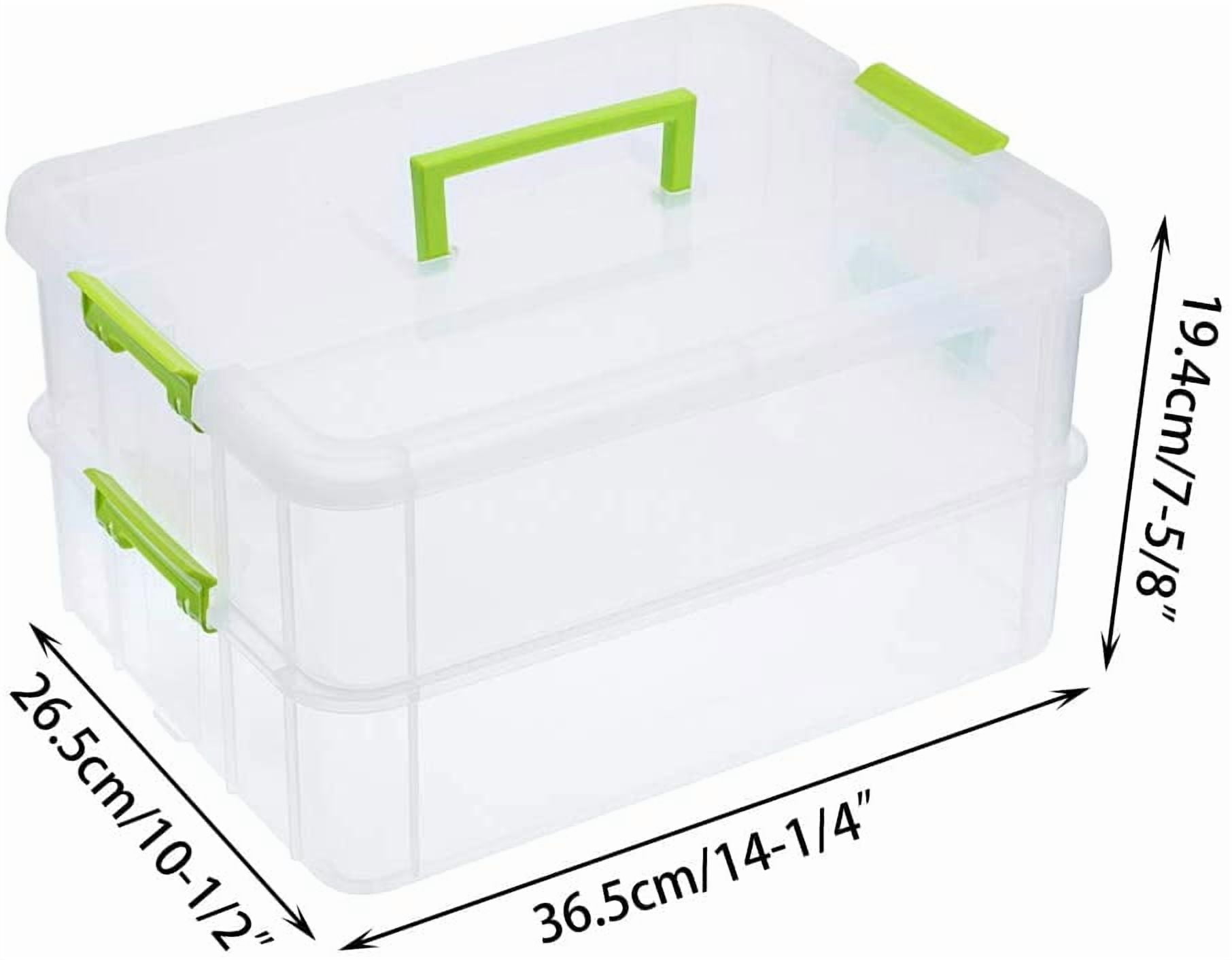 2 Layer Stack & Carry Box, Plastic Multipurpose Portable Storage Container Box Handled Organizer Storage Box for Organizing Stationery, Sewing, Art Craft, Jewelry and Beauty Supplies Green