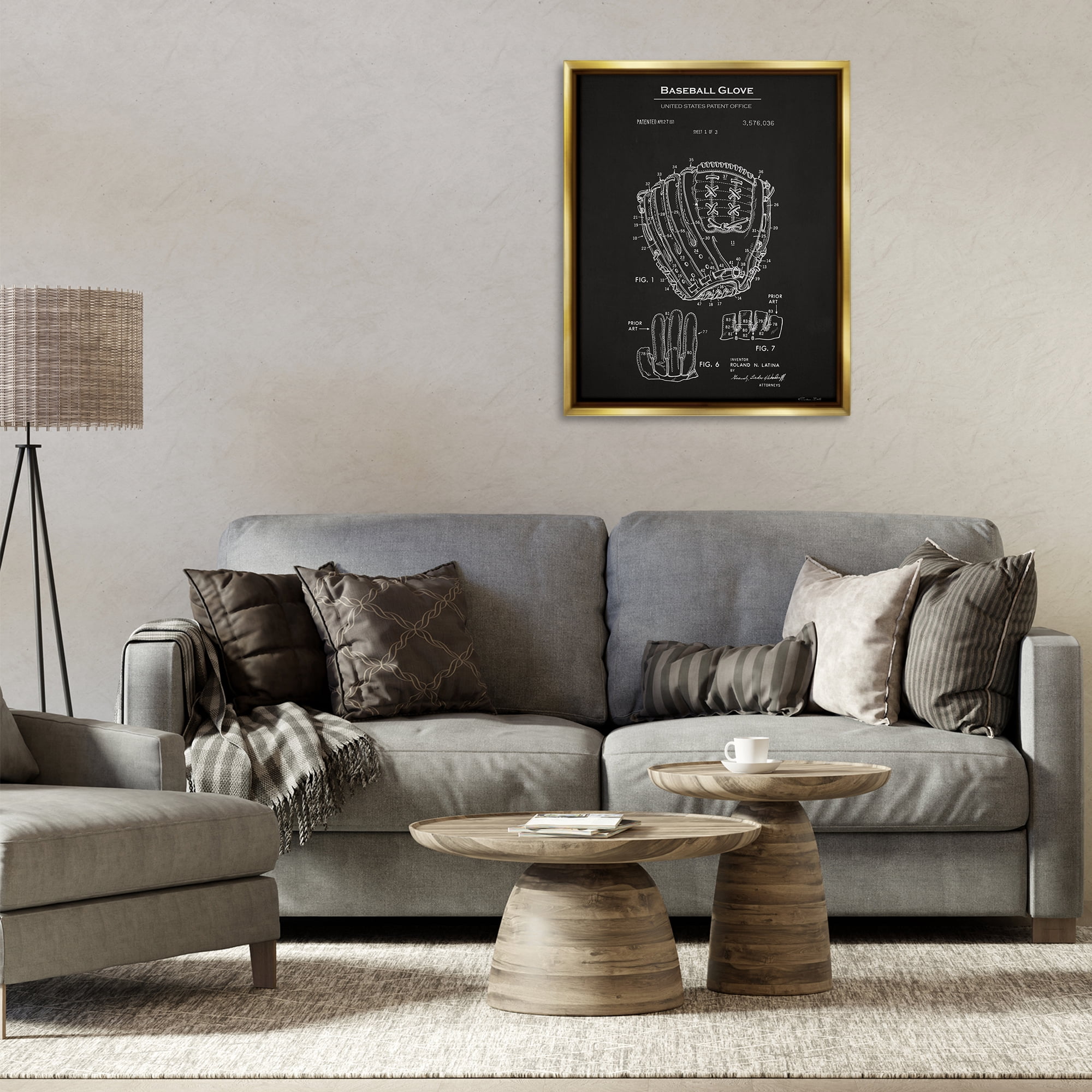 Stupell Industries Baseball Glove Blueprint Sports Painting Gold Floater Framed Art Print Wall Art, 25 x 31