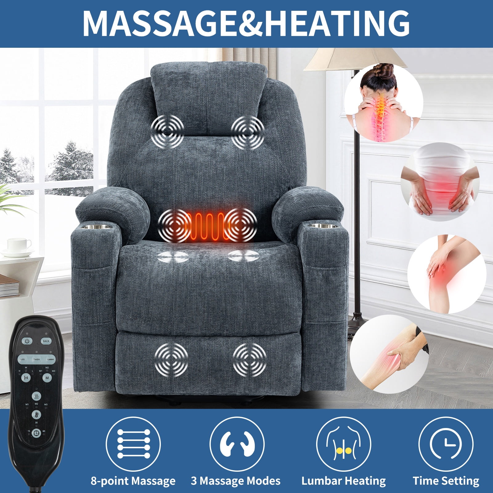 Chenille Power Lift Recliner Chair for Seniors, Heavy Duty 350 lbs Capacity with 8-Point Massage & Lumbar Heat, USB Type-A/C Ports, Stainless Steel Cup Holders, Living Room Comfort