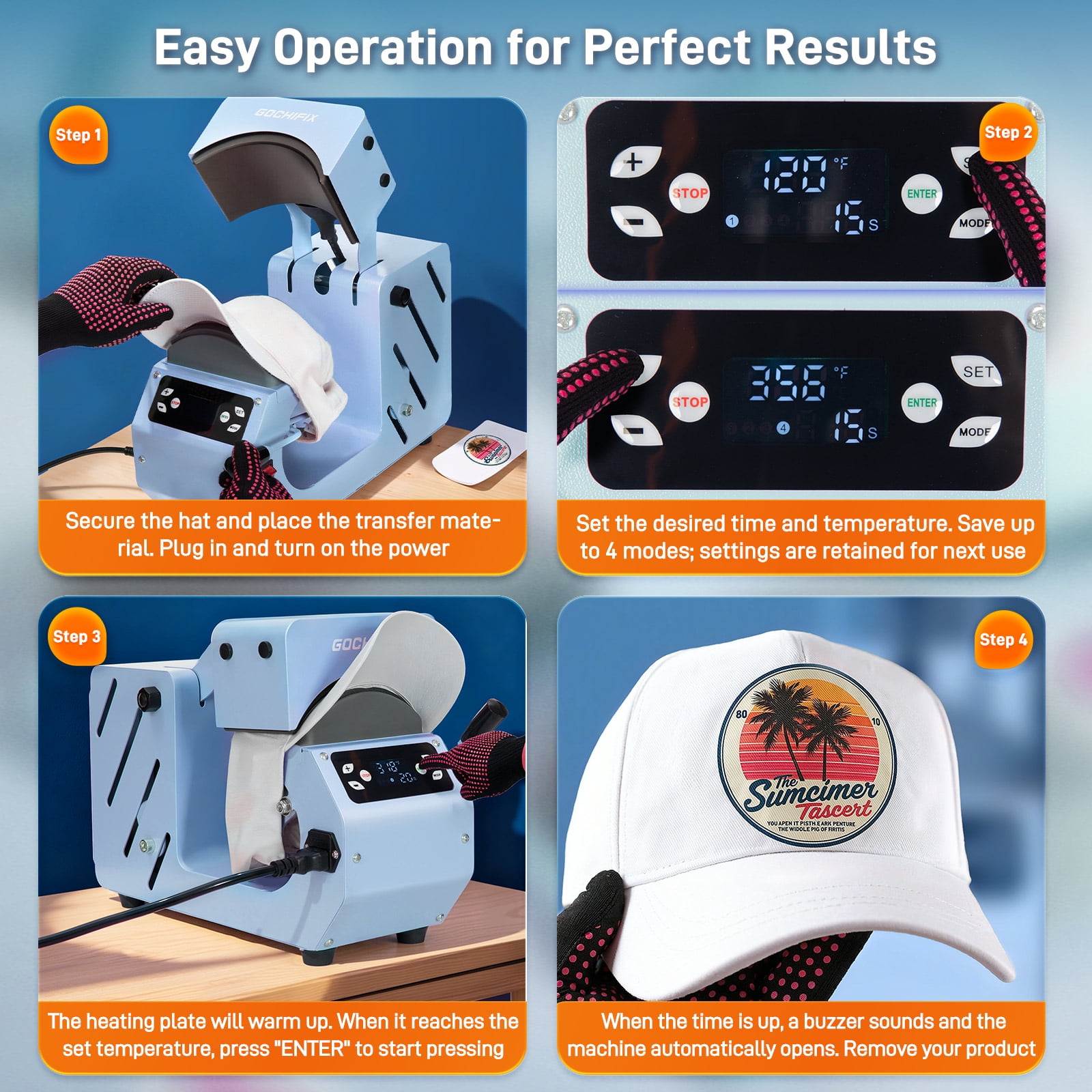 Hat Heat Press Machine,GOCHIFIX Automatic Hat Heat Press with 2pcs Interchangeable Platens for Caps Hats T-Shirts and HTV Iron On and Sublimation Projects,Blue