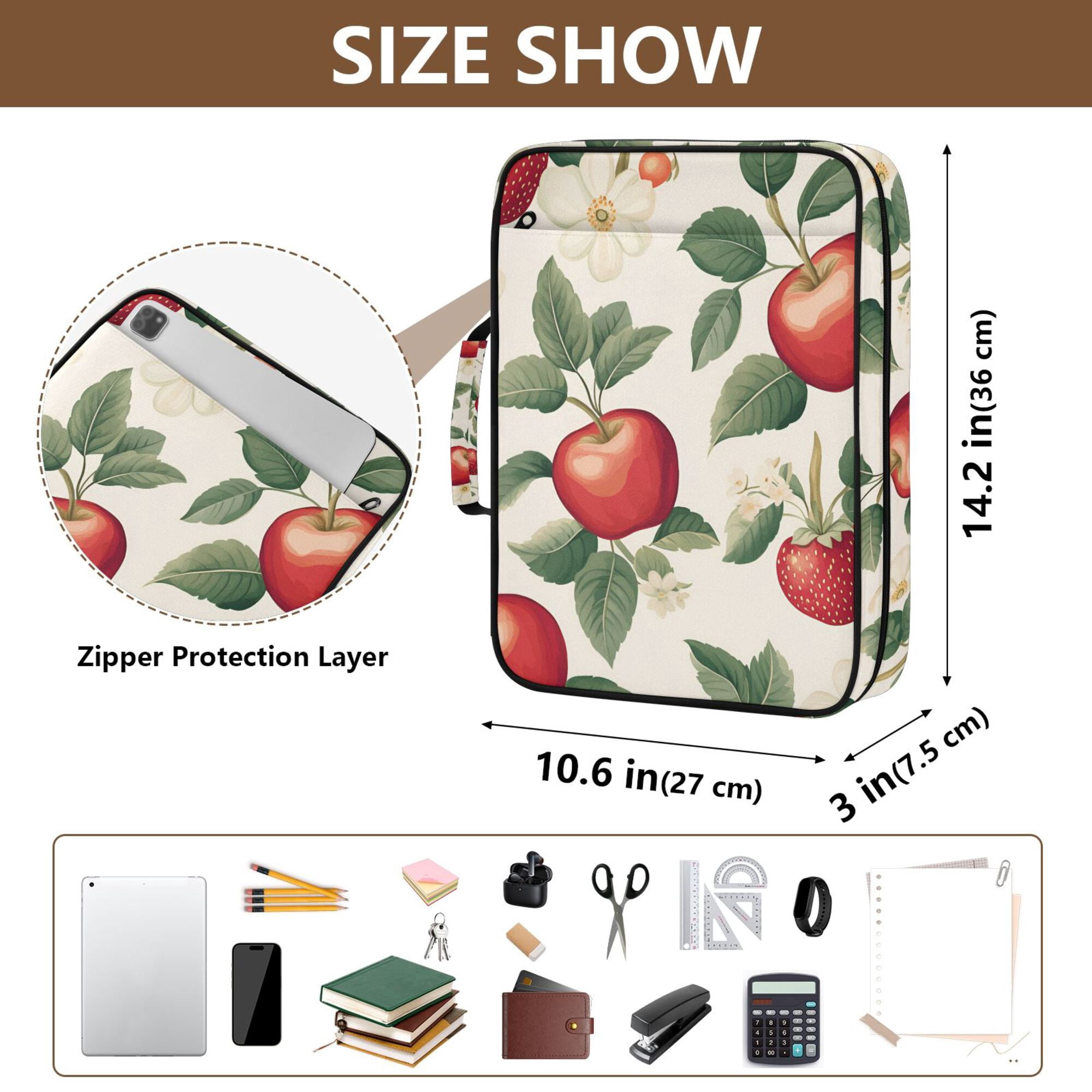 FORMRS Accordion File Folder A4 Size 7-Pocket Expanding Document Organizer Bag with 3 Ring Binder, Apples Flower Pattern